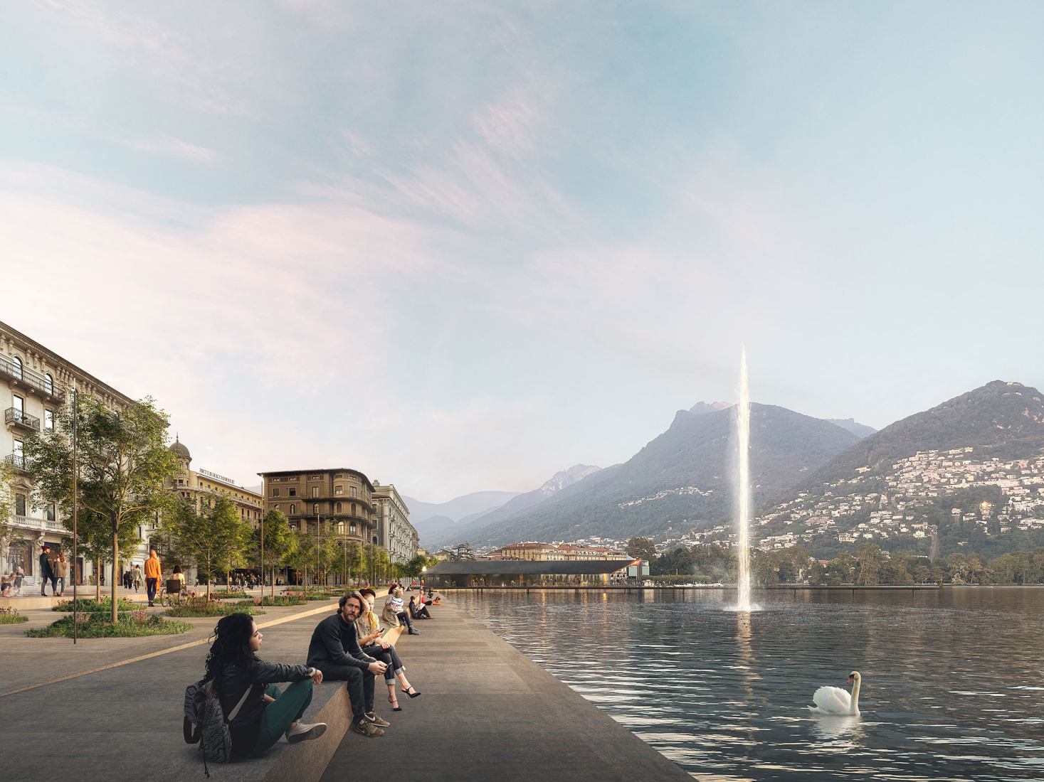 Redevelopment of Belvedere garden, new landing stage, stairway section and Angioli funicular, Tassino park by Vaillo + Irigaray Architects. Rendering by Maria Victoria Porro, Vaillo + Irigaray.