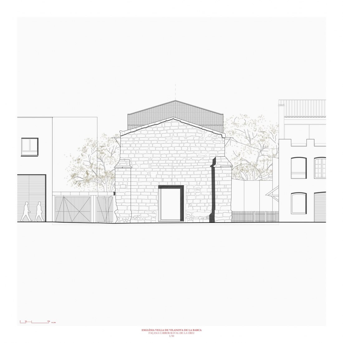 Alzado. Rehabilitación de la iglesia gótica del siglo XIII Santa María de Vilanova de la Barca por AO. Imagen cortesía de AO