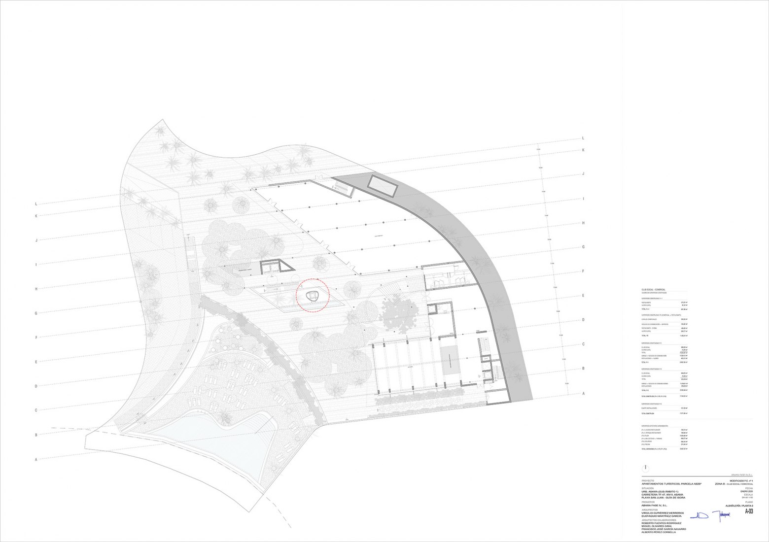 Planta de la plaza. Chimenea y jardín en el Club Social de Abama por Virgilio Gutiérrez Herreros y Eustaquio Martínez García.