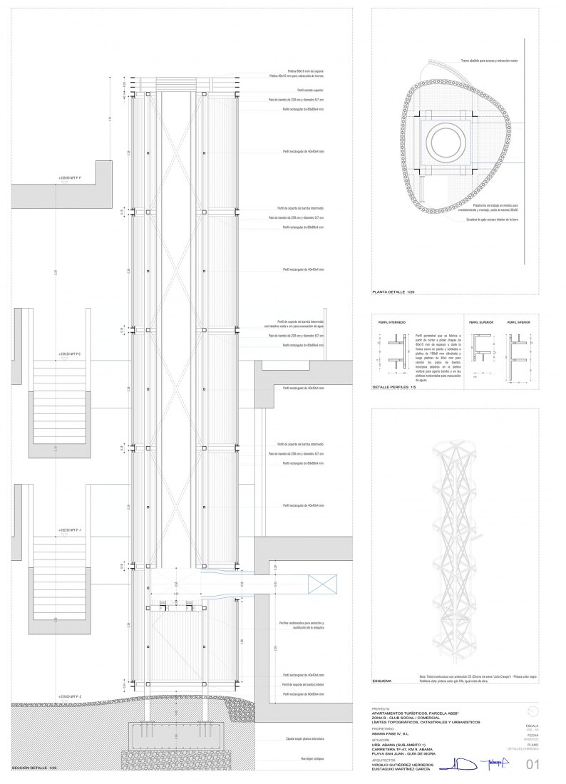 Sección constructiva. Chimenea y jardín en el Club Social de Abama por Virgilio Gutiérrez Herreros y Eustaquio Martínez García