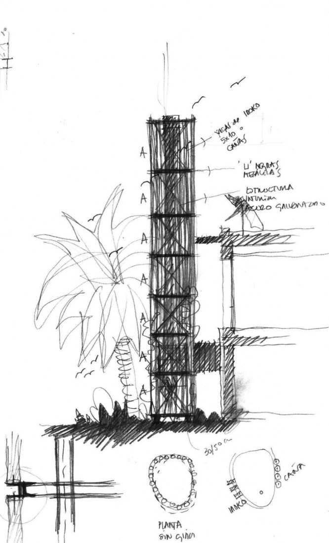Croquis. Chimenea y jardín en el Club Social de Abama por Virgilio Gutiérrez Herreros y Eustaquio Martínez García.