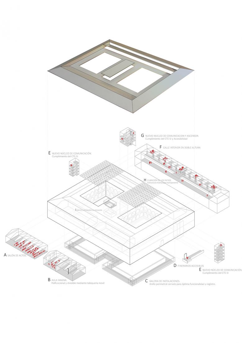 Axonometry. Integral reform I.E.S. Práxedes Mateo Sagasta by Vírseda - Vila Arquitectos + Miguel Ángel Cámara Mamolar + Miguel Fernández Rueda.