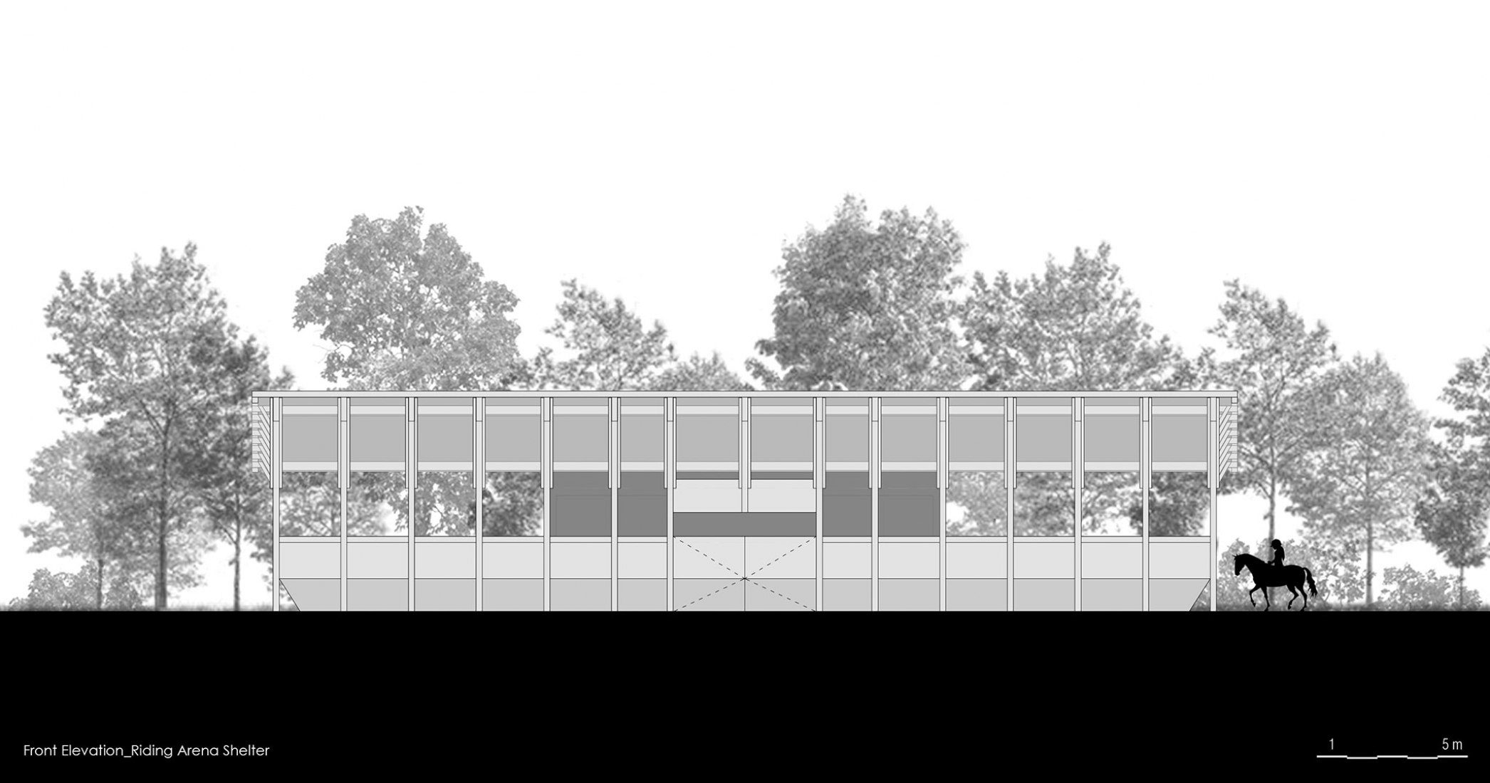 Front elevation - riding arena shelter. MG Coudelaria by Visioarq.