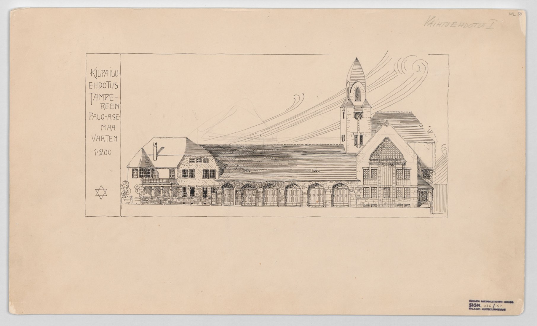 Parque de bomberos de Tampere, dibujos del concurso. El plano de la planta baja y la opción de la fachada donde, en particular, la forma de la torre difiere considerablemente de la que se construyó. Imagen cortesía del Museo de Arquitectura Finlandesa.
