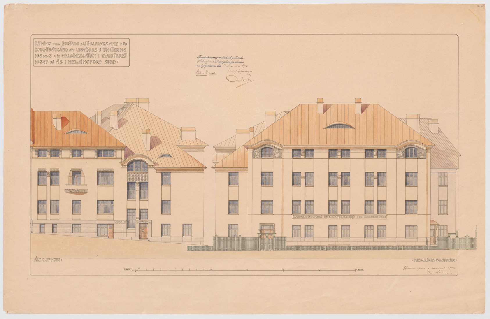 Wivi Lönn: El jardín de infancia Ebeneser y el seminario de maestras de jardín de infancia, Helsinki, 1908. Dibujos de la fachada, Helsinginkatu y Harjukatu, 1906. Imagen por cortesía del Museo de Arquitectura Finlandesa.