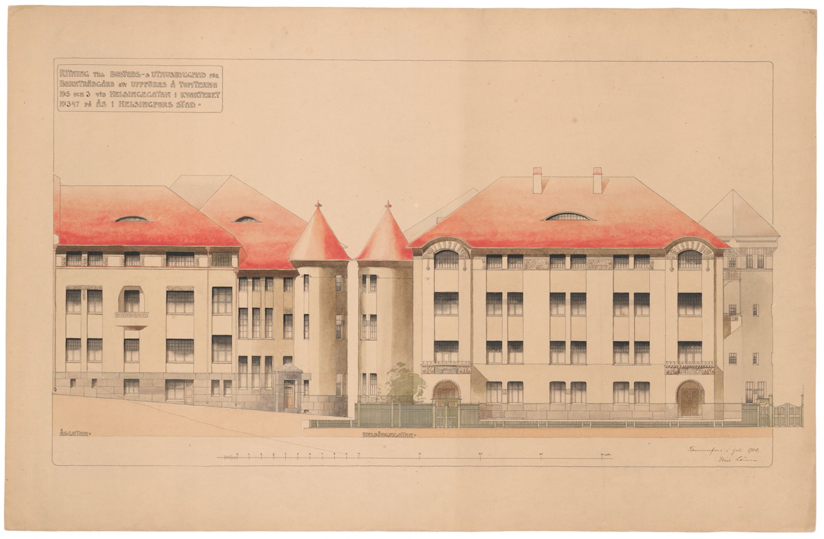 Jardín de infancia Ebeneser, primera opción de diseño de la fachada, 1906. La torre redonda que domina la esquina de Helsinginkatu y Harjukatu se omitió en el diseño final. Imagen cortesía del Museo de Arquitectura Finlandesa.