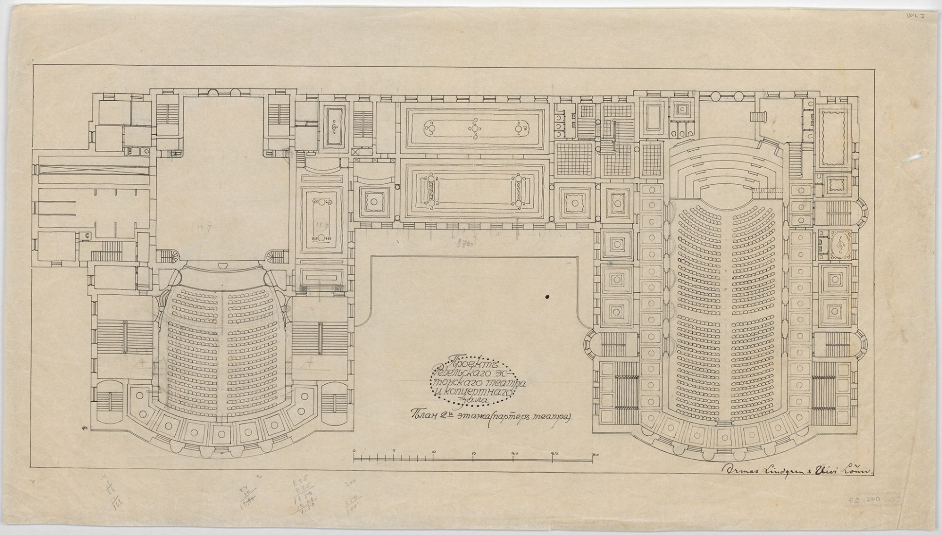Planta de la propuesta ganadora de Lönn y Lindgren para el Teatro Estonia, Tallin, 1909. Imagen cortesía del Museo de Arquitectura Finlandesa.