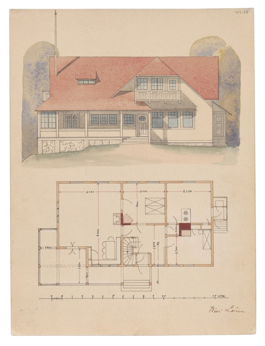 Kesämaa fue construida por el barón Eino-Sakari Yrjö-Koskinen en 1908. La fachada principal de la villa está dominada por una gran buhardilla y un largo plano inclinado del tejado. La disposición de la fachada enfatiza su horizontalidad, y el diseño y la composición de las ventanas crean una riqueza visual. Imagen cortesía del Museo de Arquitectura Finlandesa.