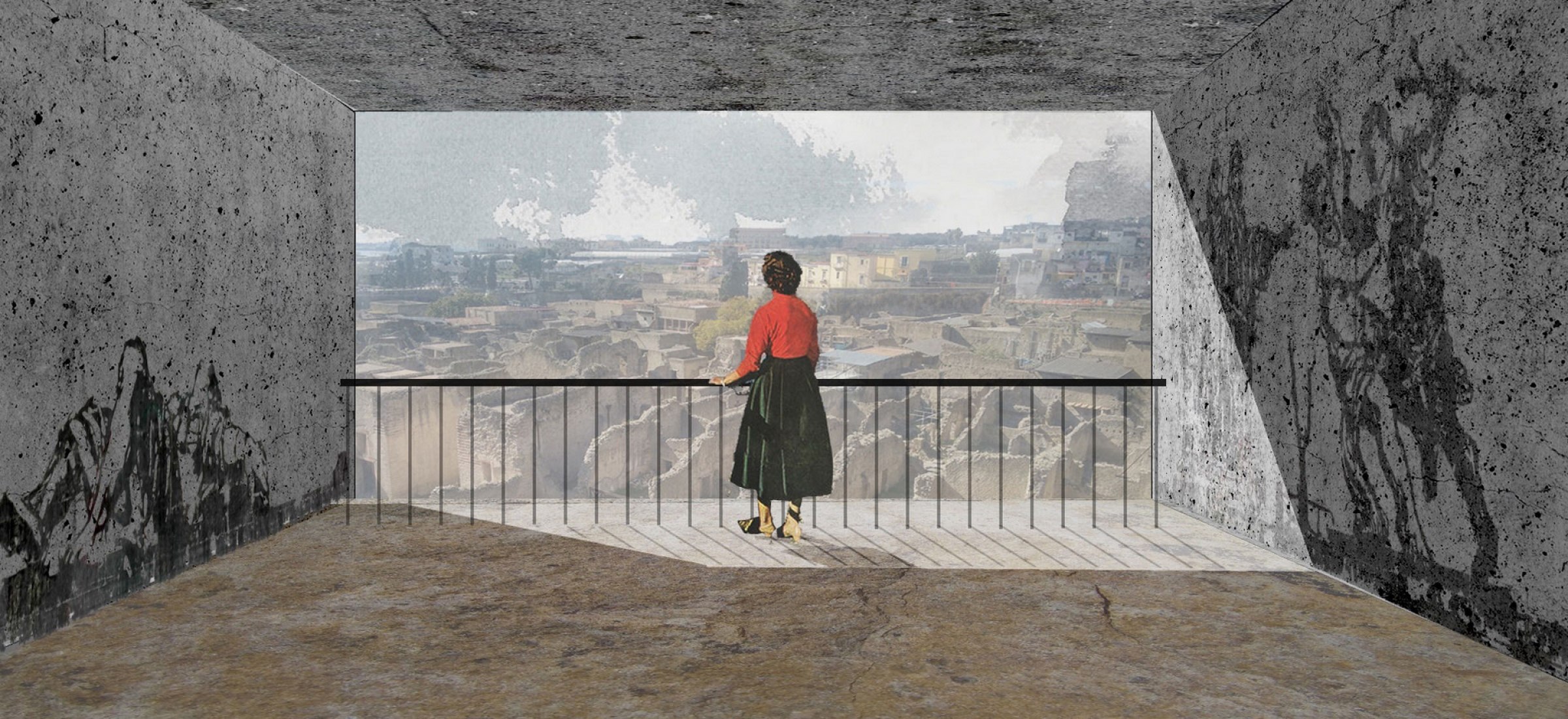 Visualización en perspectiva 02 interna/externa. Escuela de restauración Herculaneum por estudio 8 ½