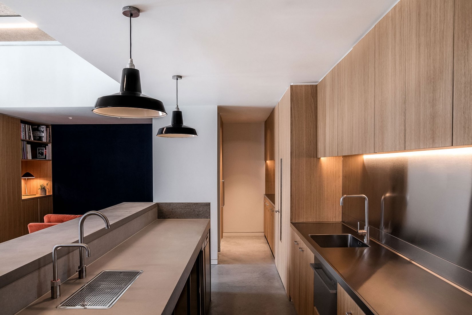 Kitchen with island bench, bar, pantry and booth. Creative Agency Dalston-N16 by VOSS Architects. Photograph by Taran Wilkhu Photography