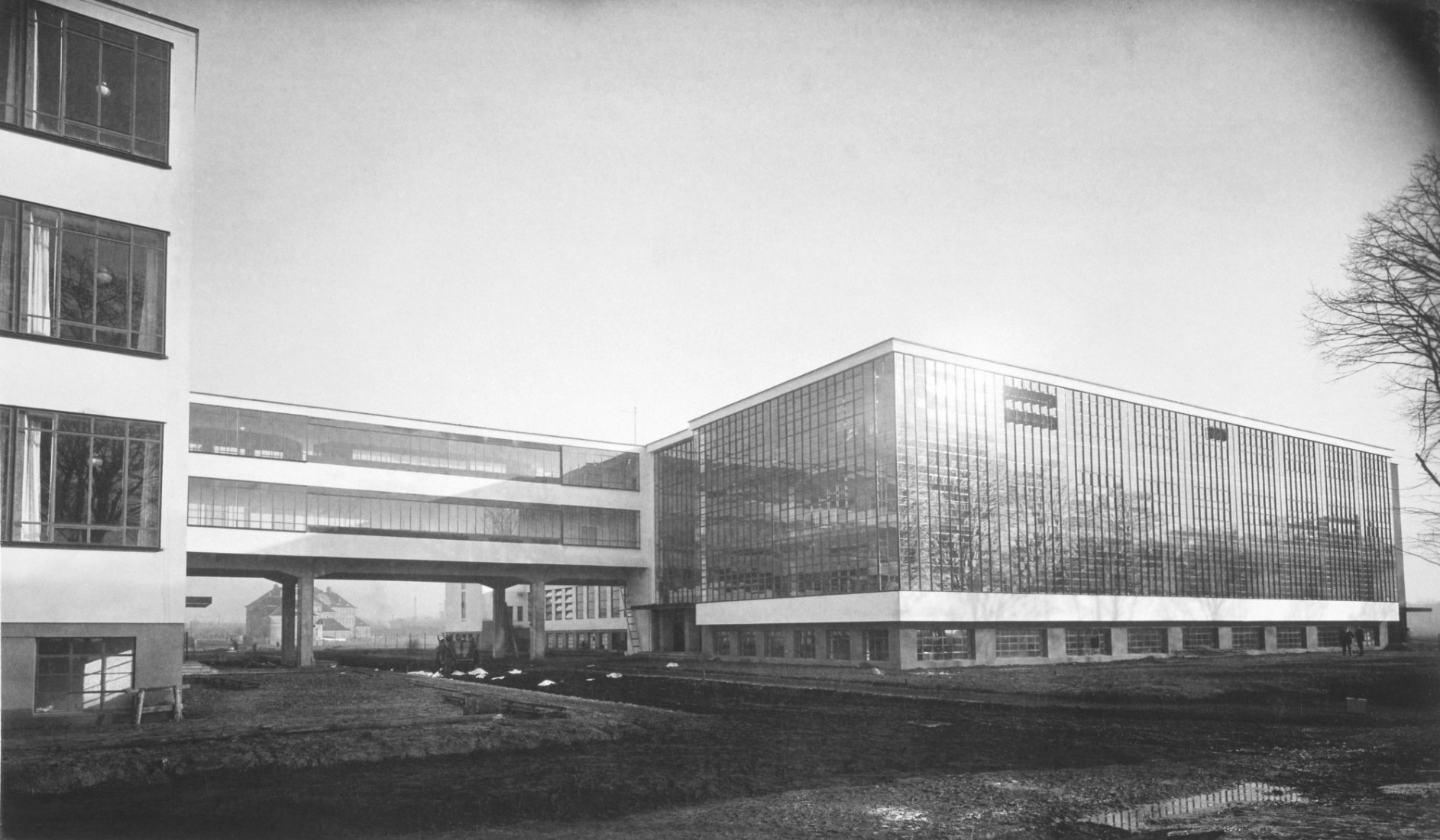 Bauhaus building Dessau from north-west, architecture: Walter Gropius. Photograph by Lucia Moholy, 1926. 