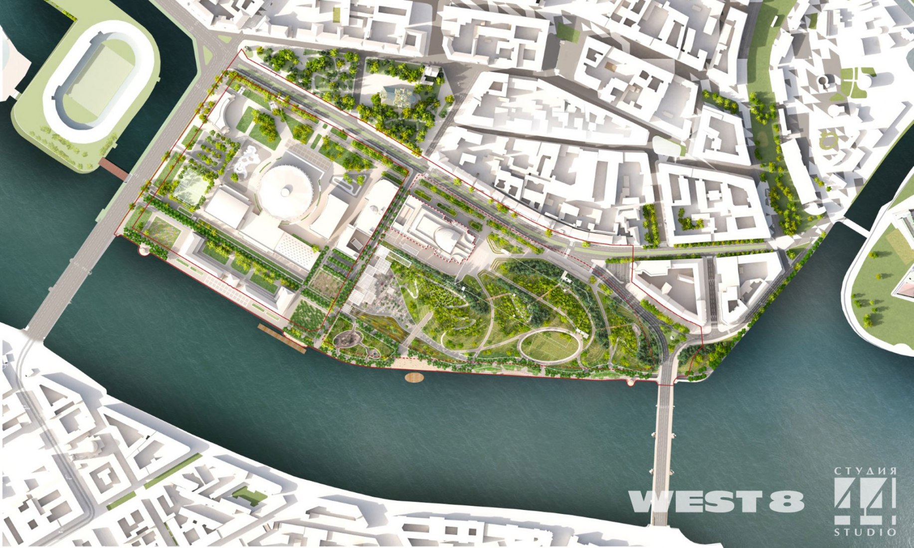 Planta de situación urbana. Nuevo parque de la ciudad de San Petersburgo por West 8 + Studio 44