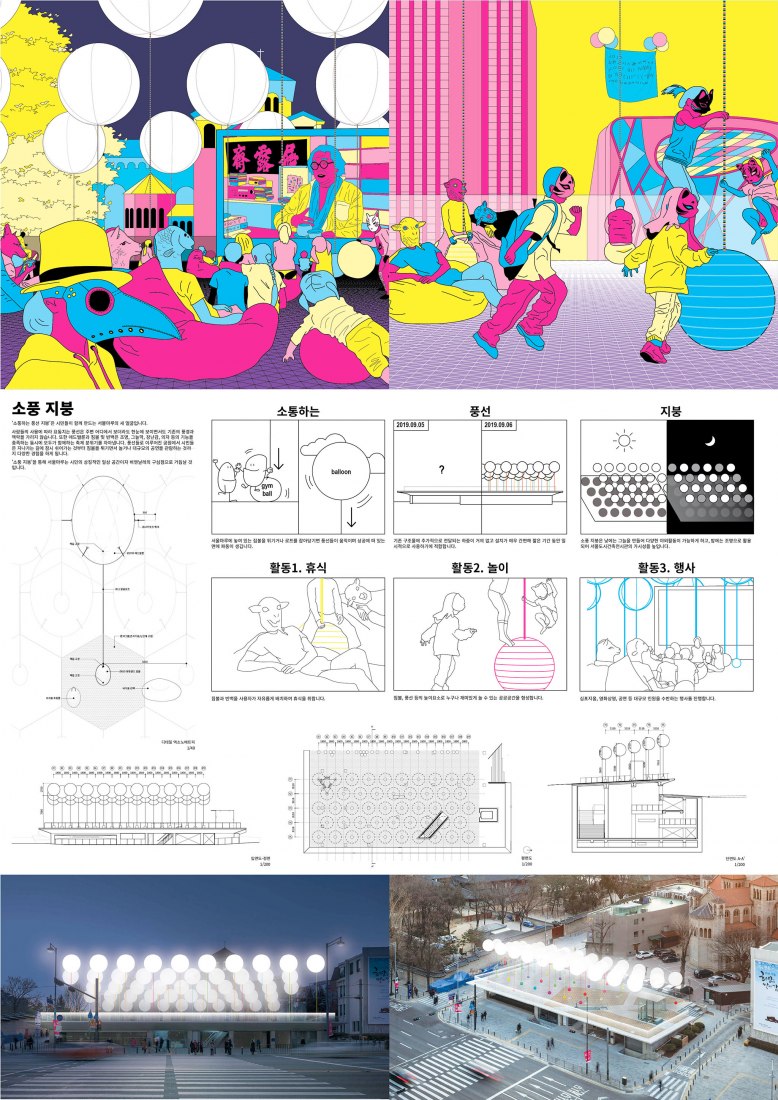 Panel. 1er Premio. [_ing_er] El "techo inflable comunicante". Concurso de diseño de Seúl, MARU 2019