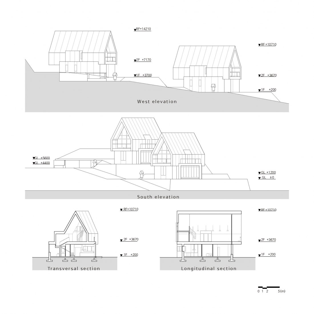 Elevations and sections. House [in white]. Courtesy of AEV Architectures