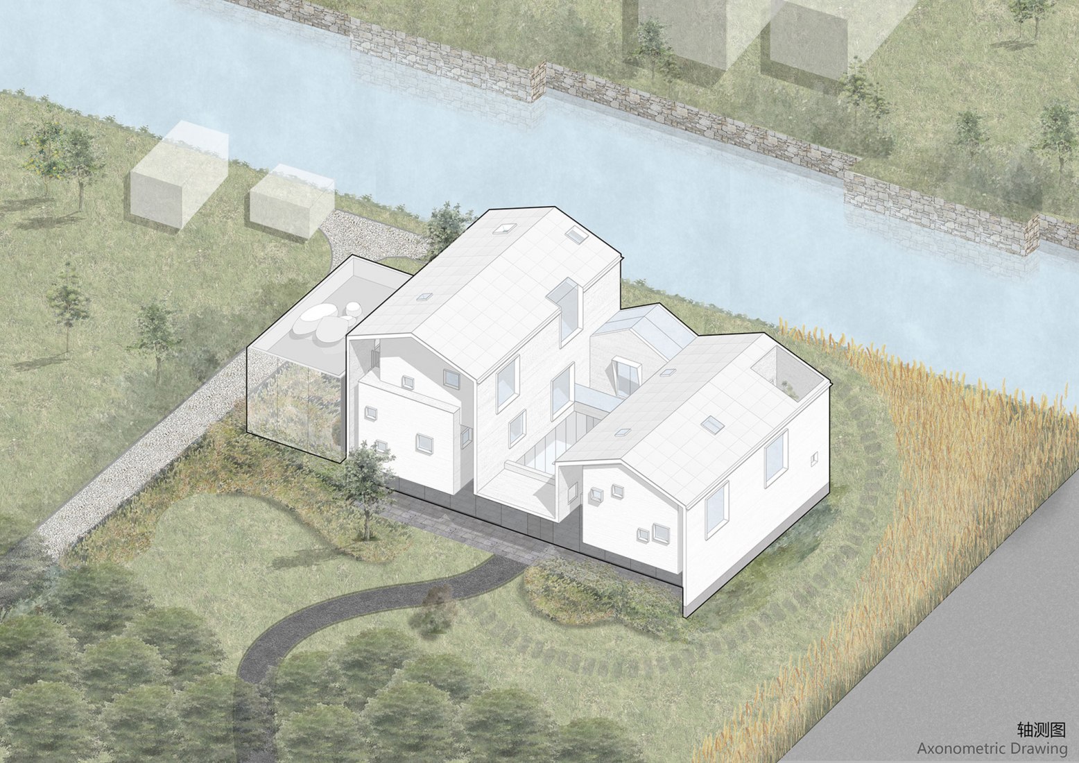 Visualización en axonométrica. The White Suzhou Section Homestay por Wutopia Lab.
