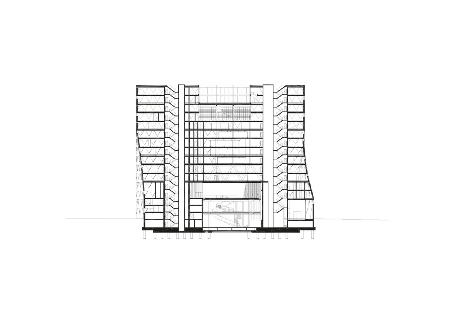 Longitudinal section. Headquarters of the Province of Antwerp by Xaveer De Geyter Architects.