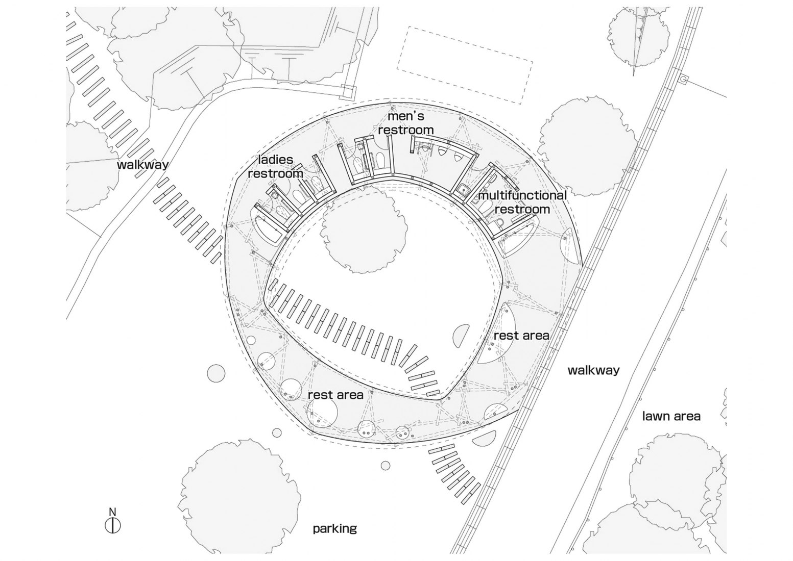 Ground floor plan. Public toilet in Matsuda Forest Park Recreation Area by Yamashita Sekkei.