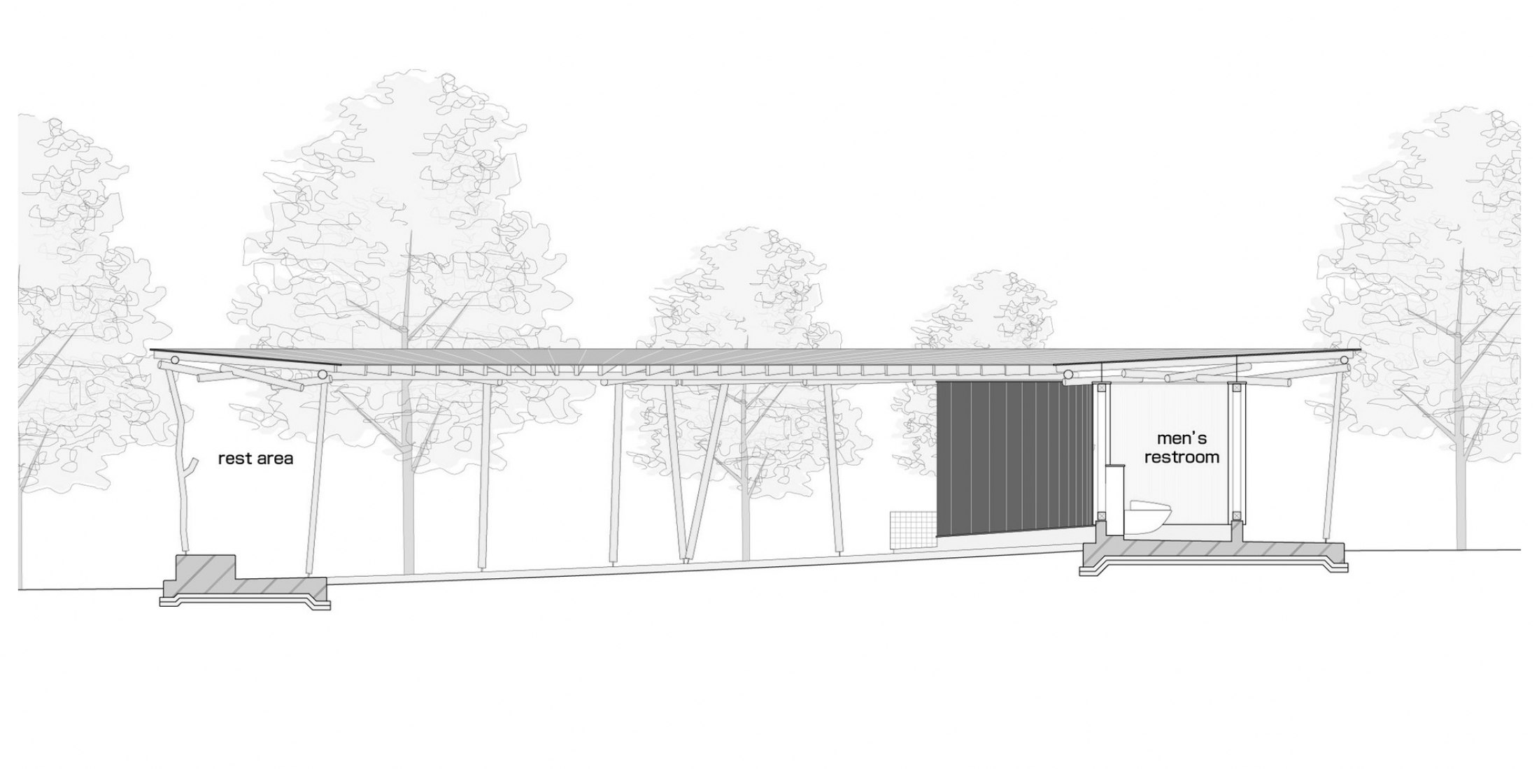Section. Public toilet in Matsuda Forest Park Recreation Area by Yamashita Sekkei.