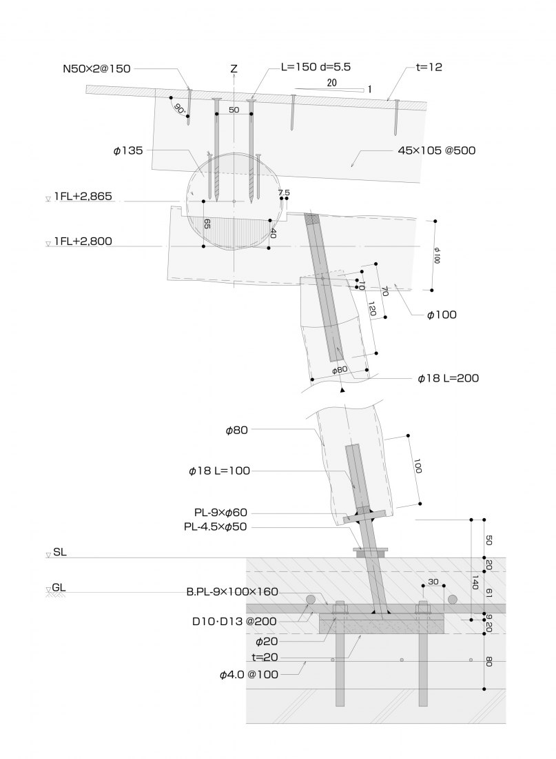 Construction detail. Public toilet in Matsuda Forest Park Recreation Area by Yamashita Sekkei.