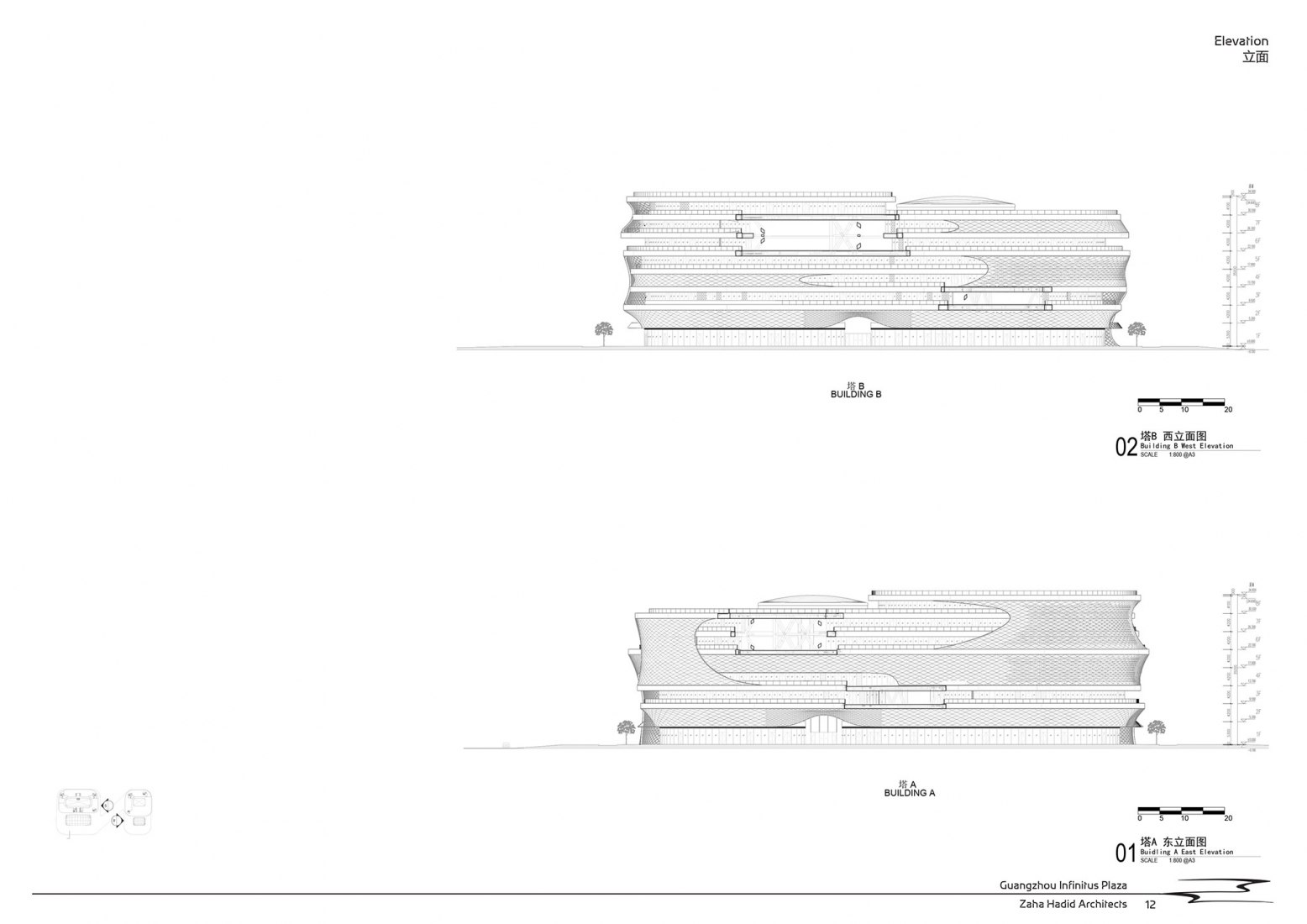 Elevations. Infinitus Plaza by Zaha Hadid Architects.