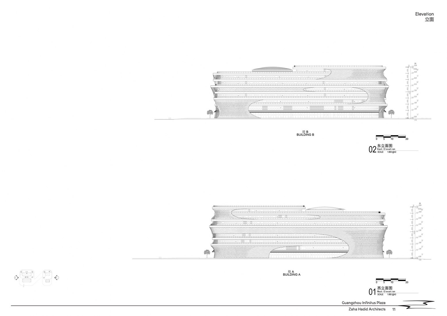 Elevations. Infinitus Plaza by Zaha Hadid Architects.