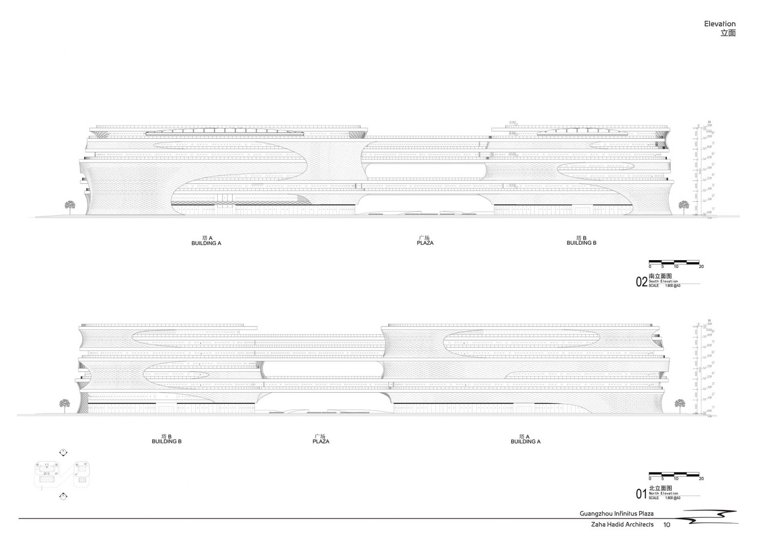 Elevations. Infinitus Plaza by Zaha Hadid Architects.