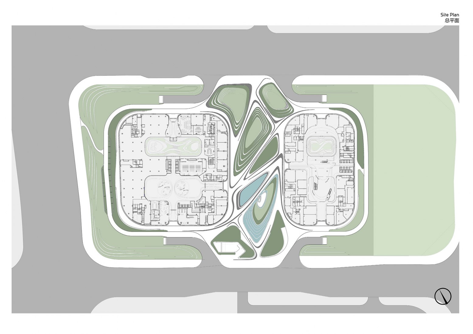 Diagram, ground floor plan. Infinitus Plaza by Zaha Hadid Architects.