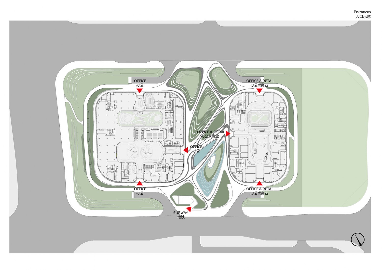 Site Plan Analysis. Entrances. Infinitus Plaza by Zaha Hadid Architects.