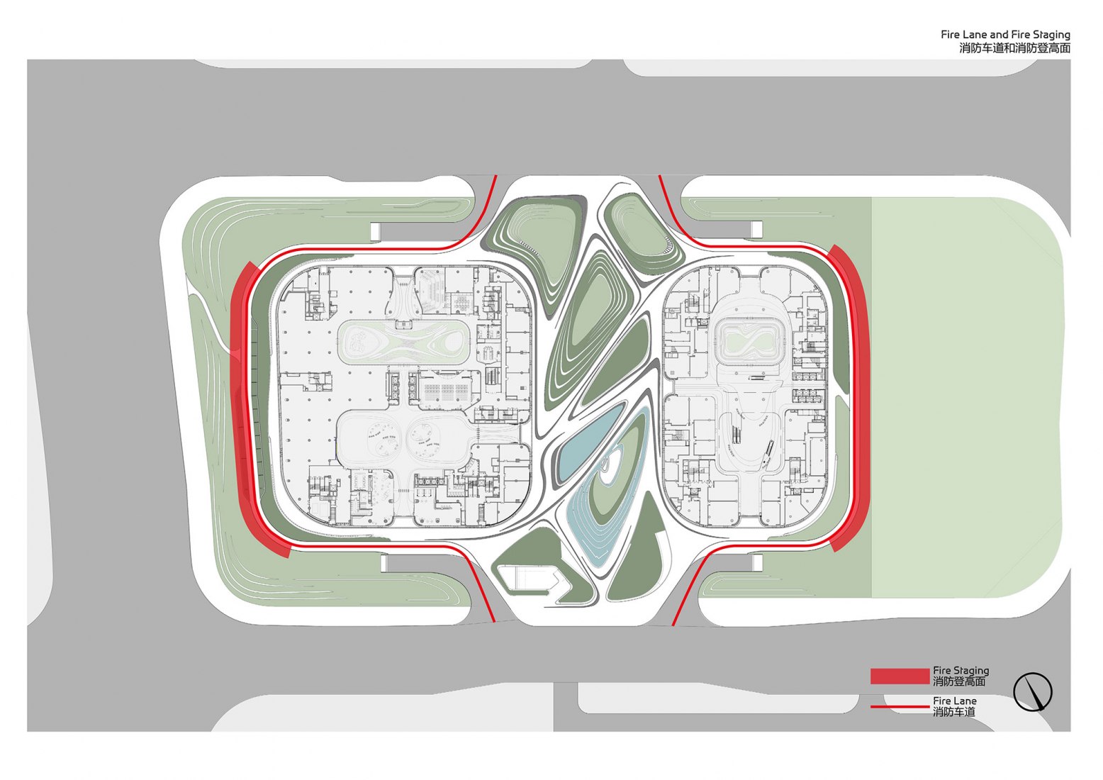 Site Plan Analysis. Fire Land and Fire Staging. Infinitus Plaza by Zaha Hadid Architects.