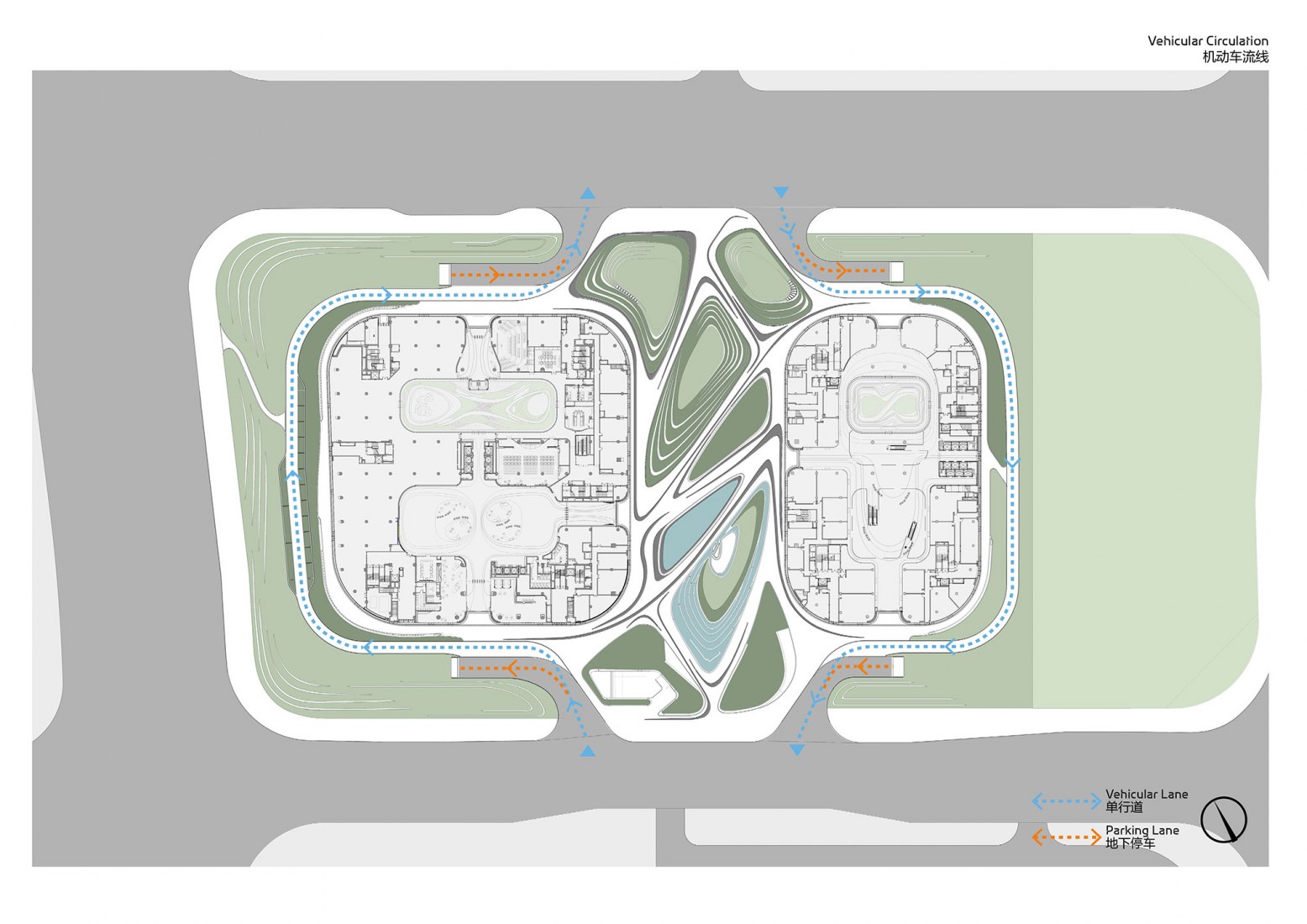 Site Plan Analysis. Vehicular Circulation. Infinitus Plaza by Zaha Hadid Architects.