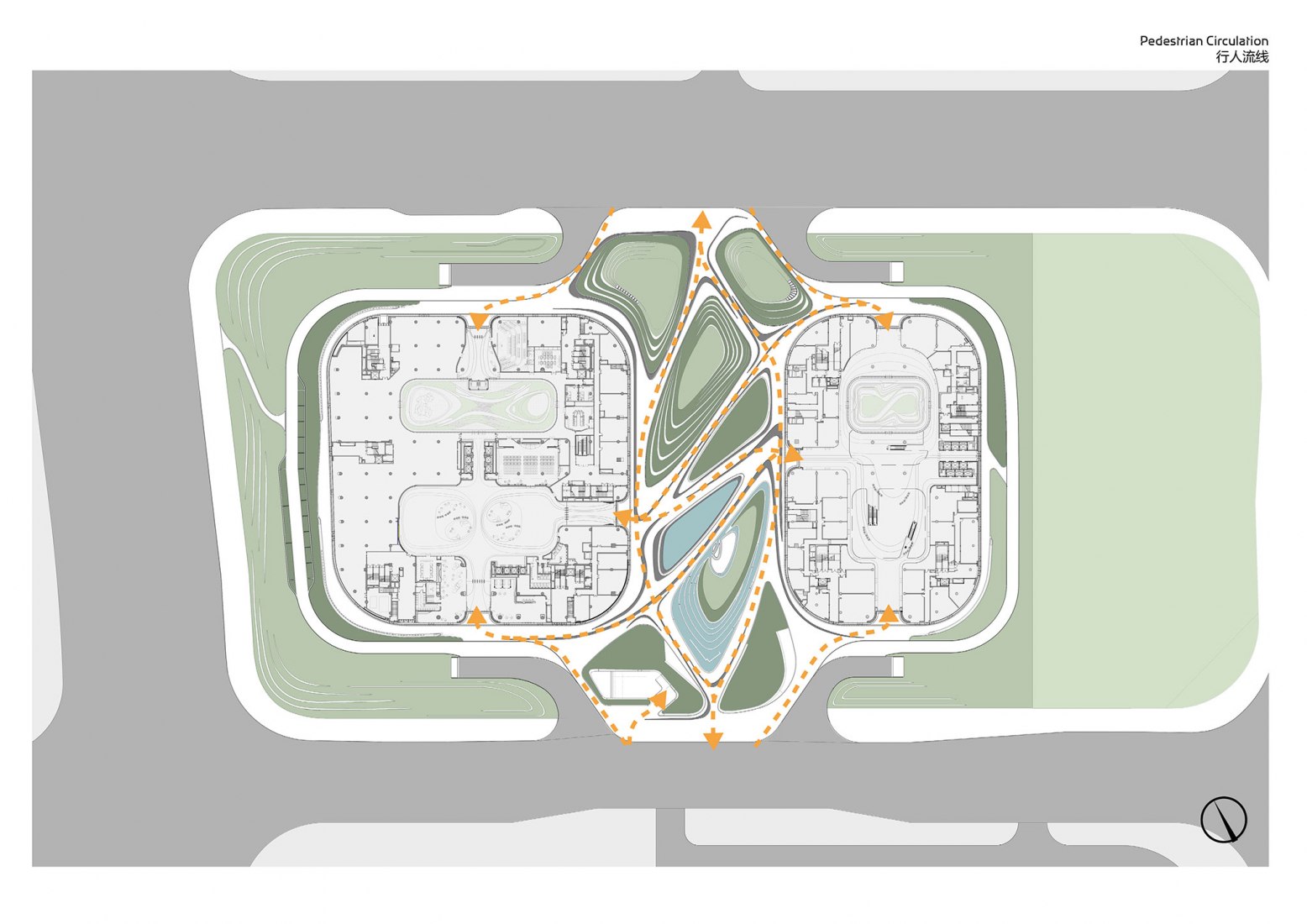 Site Plan Analysis. Pedestrian Circulation. Infinitus Plaza by Zaha Hadid Architects.