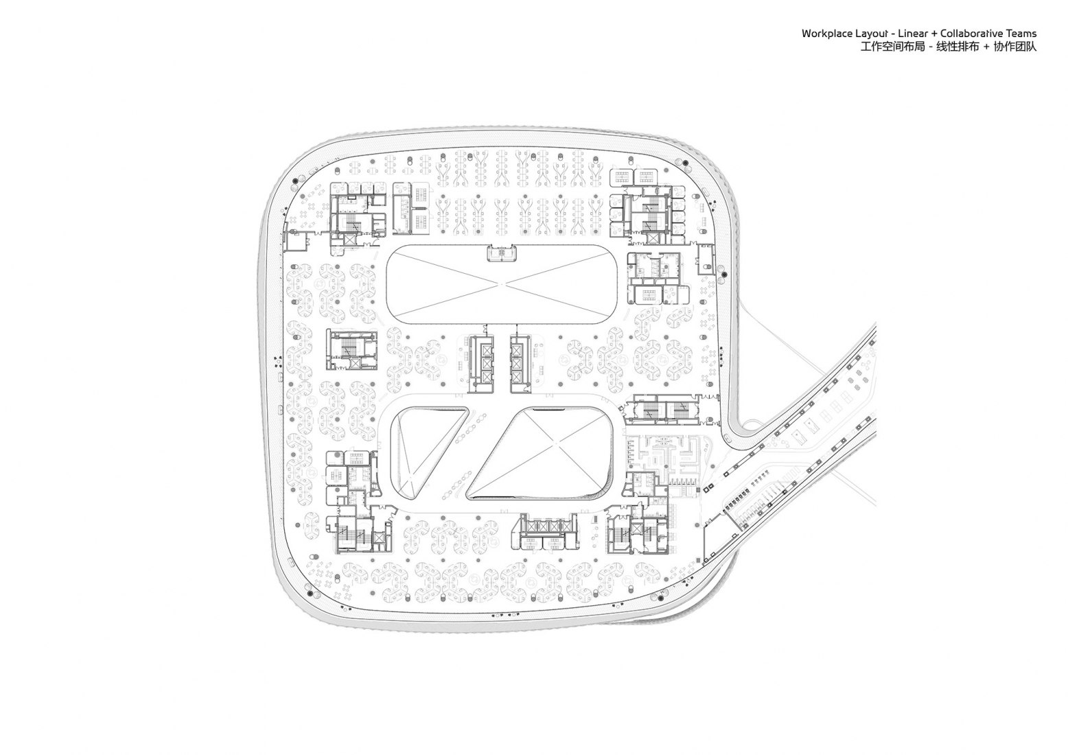 Workplace Layout. Linear and Collaborative Teams. Infinitus Plaza by Zaha Hadid Architects.