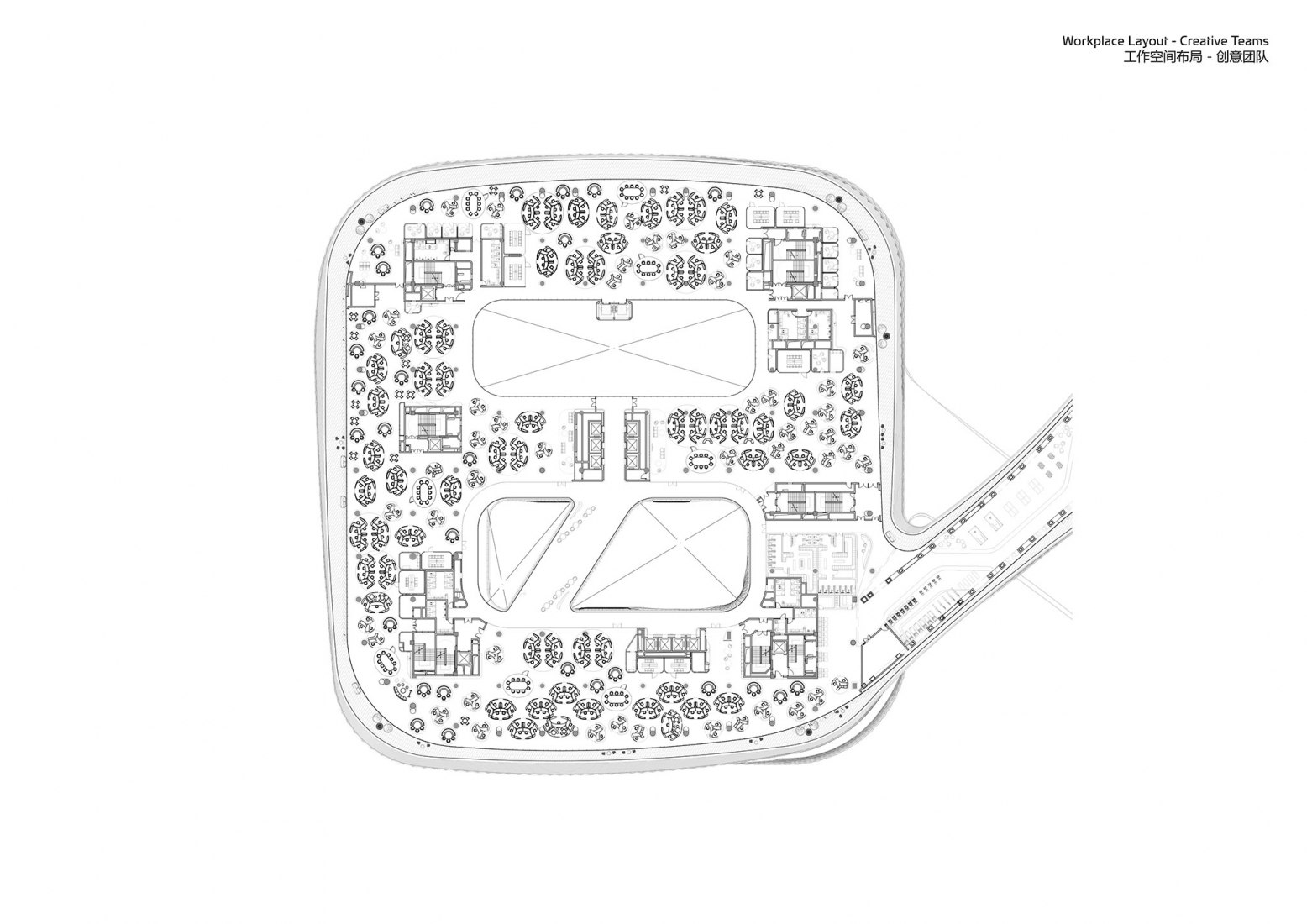 Workplace Layout. Creative Teams. Infinitus Plaza by Zaha Hadid Architects.