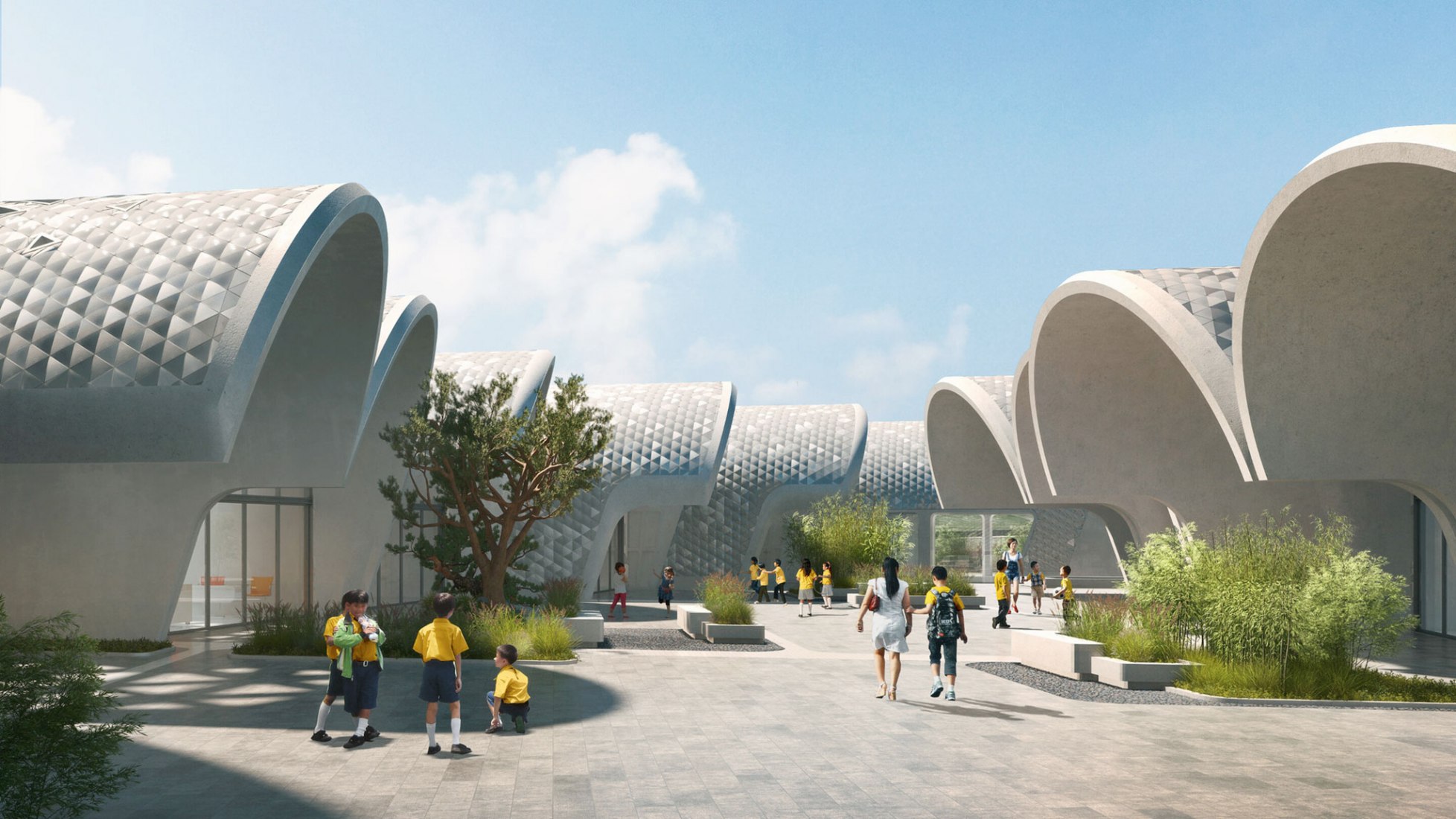Exterior. Parabolic-Vaulted School Campus by Zaha Hadid Architects. Image by VA. Image courtesy of ZHA