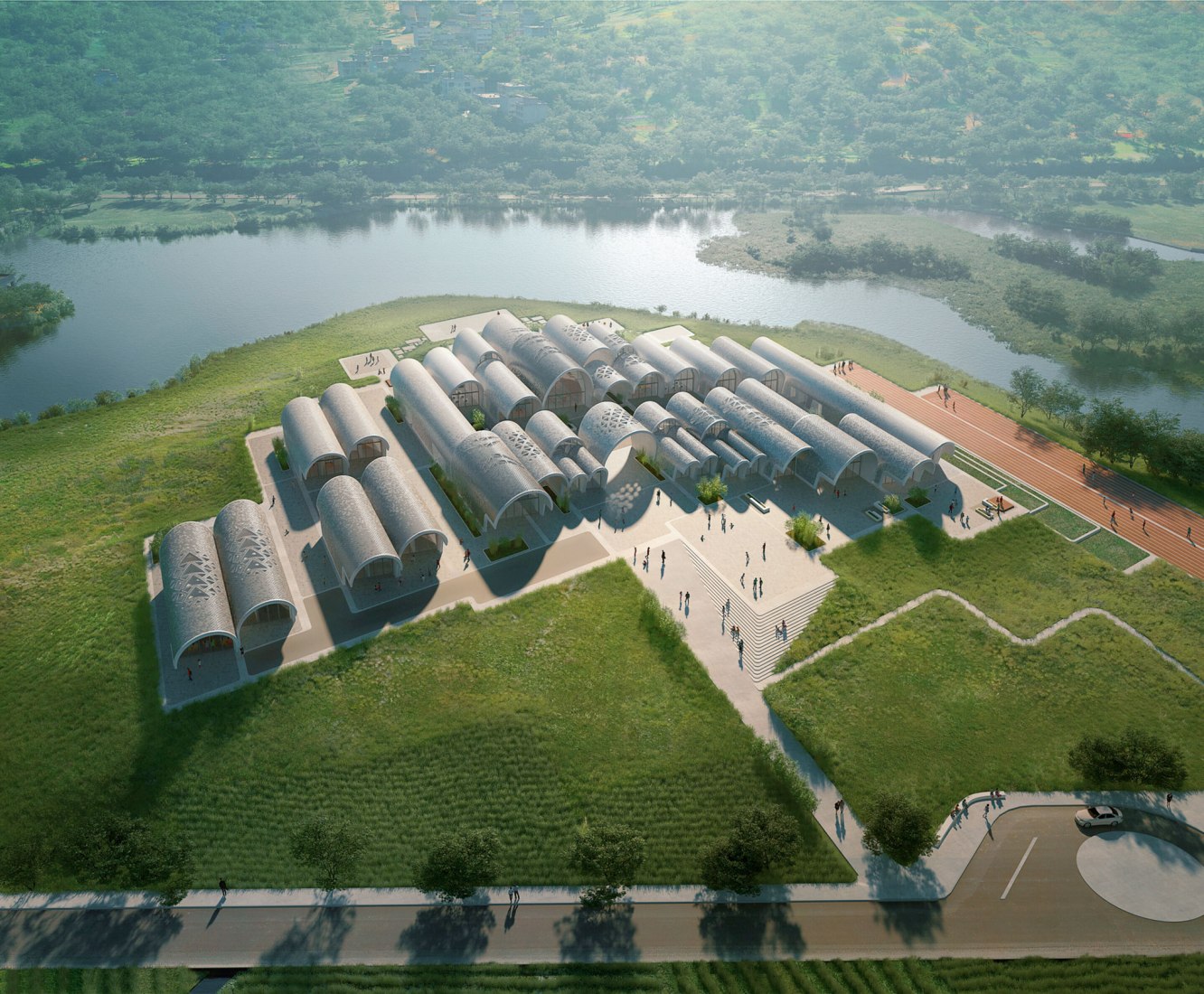 Aerial view. Parabolic-Vaulted School Campus by Zaha Hadid Architects. Image by VA. Image courtesy of ZHA