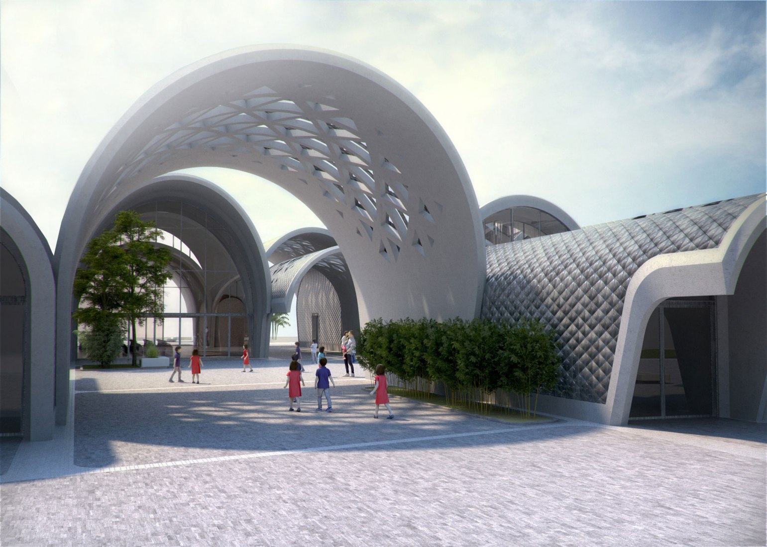 Entrance. Parabolic-Vaulted School Campus by Zaha Hadid Architects. Image courtesy of ZHA