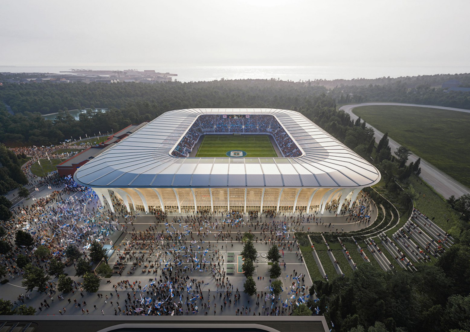Estadio Aarhus por Zaha Hadid Architects. Visualización por Negativ