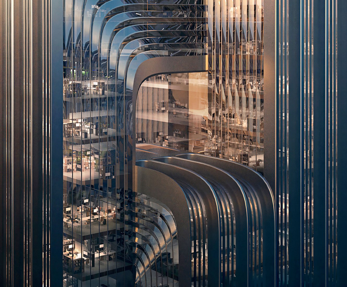 Closeup of ZHA's CECEP Shanghai HQ proposal. Rendering by Negativ.