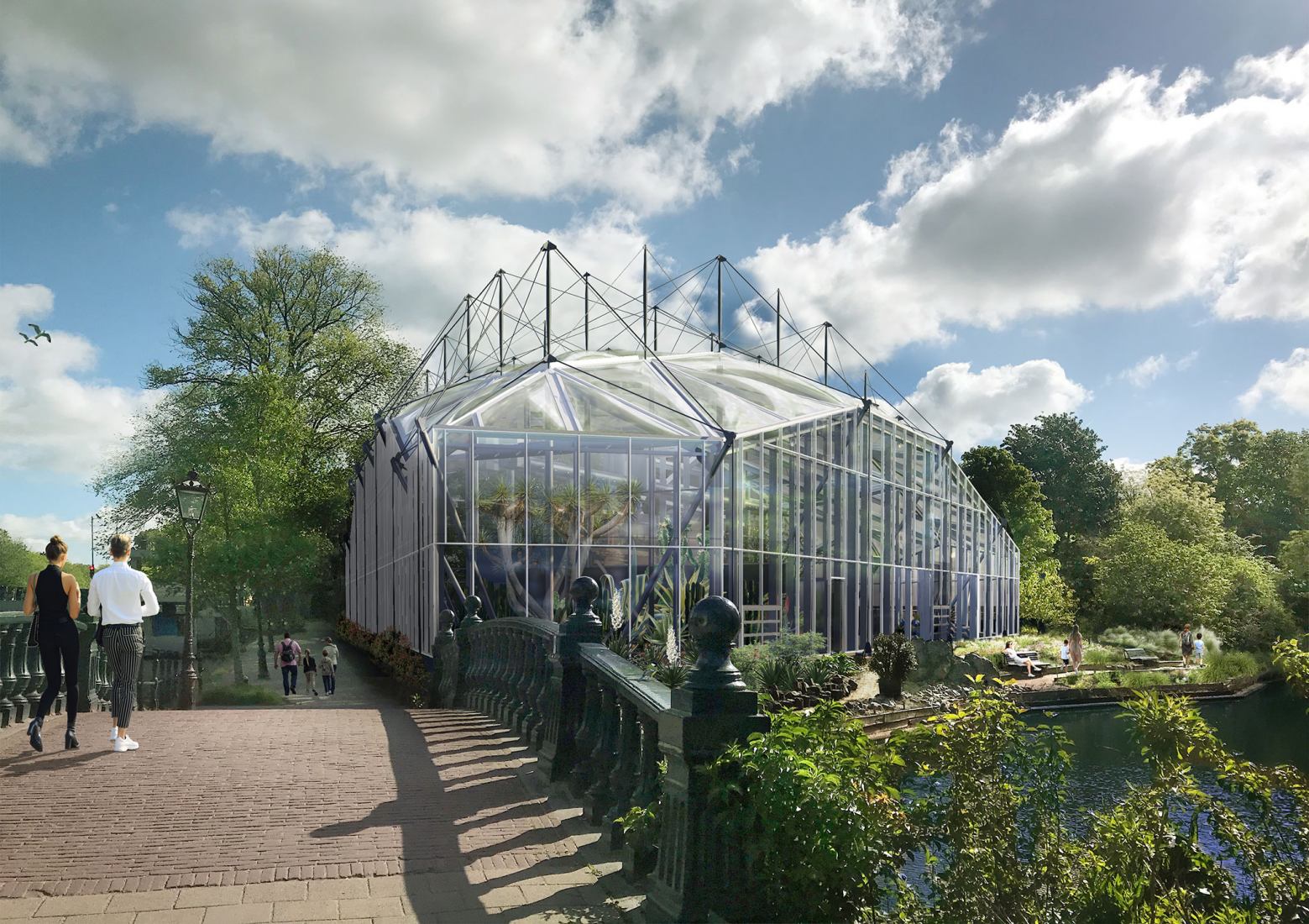 Rendering. Three Climate Greenhouse at the Hortus Botanicus by ZJA. Rendering by ZJA