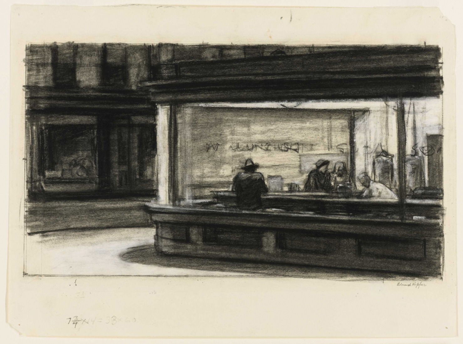 Edward Hopper (1882–1967). Study for Nighthawks, 1941 or 1942. Tiza y carboncillo sobre papel; 11 1/8 x 15 in. (28.3 x 38.1 cm). Whitney Museum of American Art, New York; adquisición y regalo por Josephine N. Hopper 2011.65.
