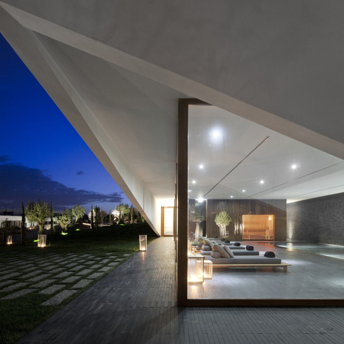Night view of Hotel reception and spa, L’And Vineyards Hotel by PROMONTORIO.   Photography © Fernando Guerra | FG+SG.