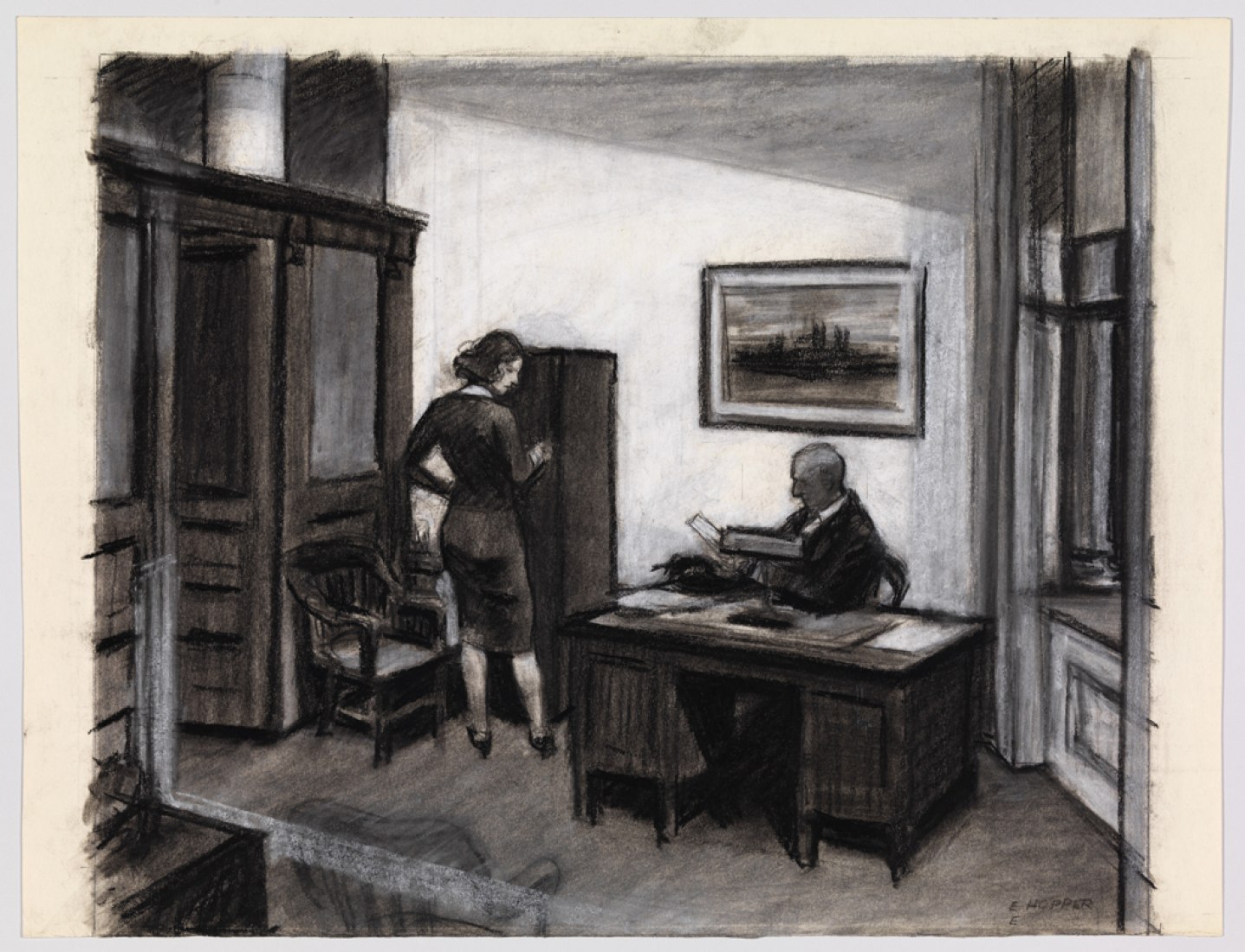 Edward Hopper (1882–1967). Study for Office at Night, 1940. Tiza y carboncillo sobre papel, 15 1/16 x 19 5/8 in. (38.3 x 49.8 cm). Whitney Museum of American Art, New York; Josephine N. Hopper Bequest  70.340. 