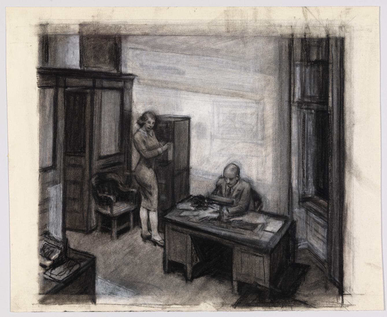 Edward Hopper (1882–1967). Study for Office at Night, 1940. Tiza y lápiz de grafito sobre papel, 15 1/16 x 18 3/8 in. (38.3 x 46.7 cm). Whitney Museum of American Art, New York; Josephine N. Hopper Bequest  70.341. 