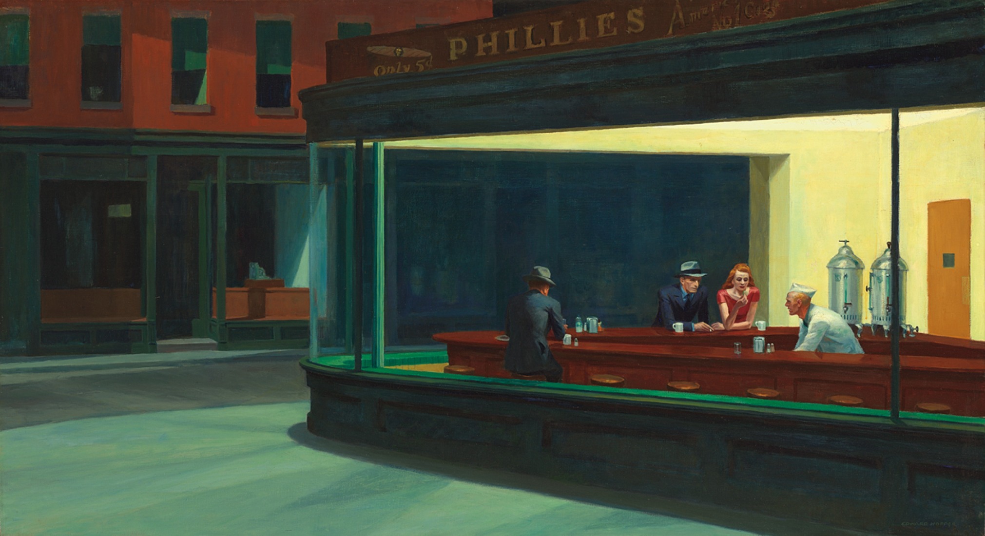 Edward Hopper (1882–1967). Nighthawks, 1942. Óleo sobre lienzo, 33 1/8 x 60 in. (84.1 x 152.4 cm). The Art Institute of Chicago; Friends of American Art Collection  1942.51. © Herederos de Josephine N. Hopper, autorizado por the Whitney Museum of American Fotografía © The Art Institute of Chicago. 