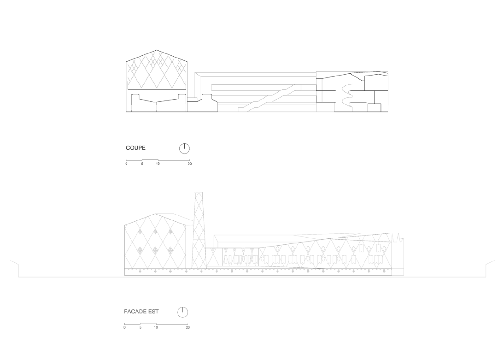 Section and east elevation, Intermunicipal school complex by Vincent Parreira – AAVP Architecture. Courtesy of Metropolis Communication.