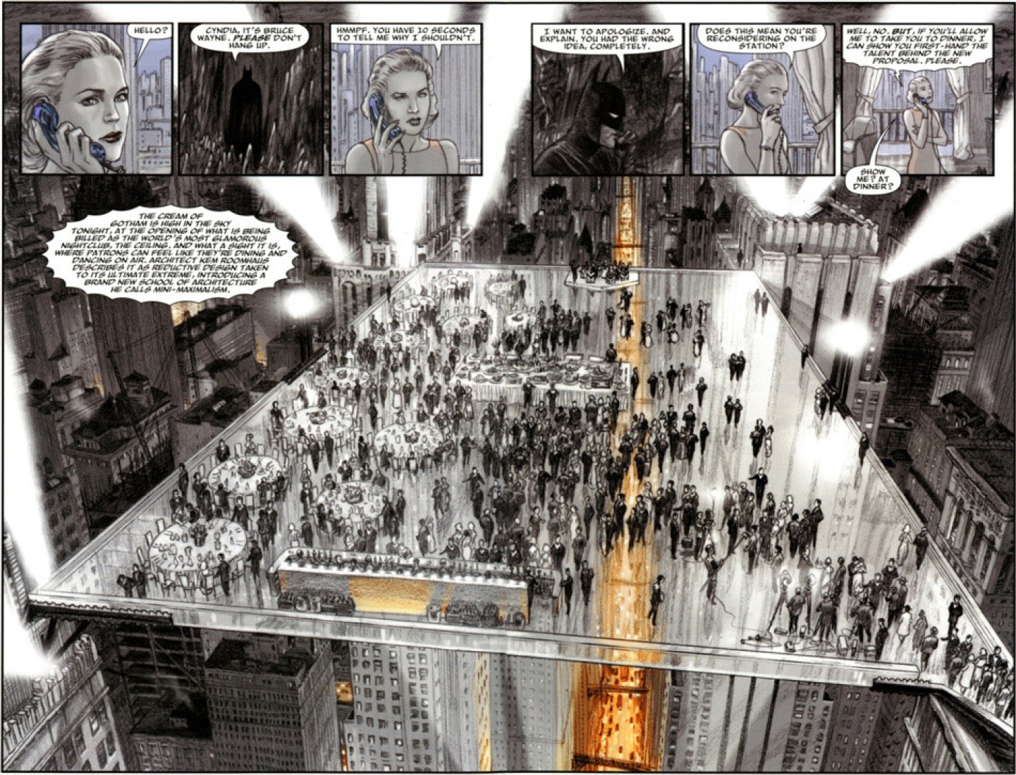 La fiesta de los constructores, políticos y actuaciones icónicas, en "Batman: Death by Design". Cortesía de DC Comics.