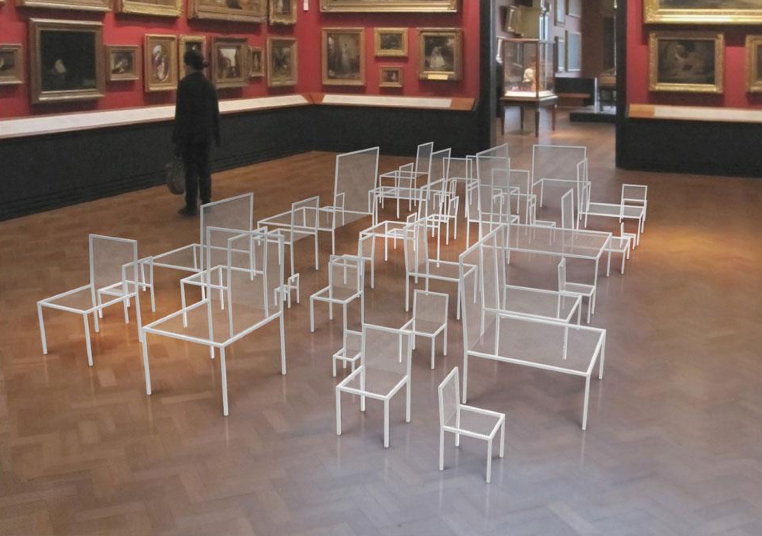 Mimicry Chairs instalación en el  V&A realizada por Nendo. Rendering © Nendo.