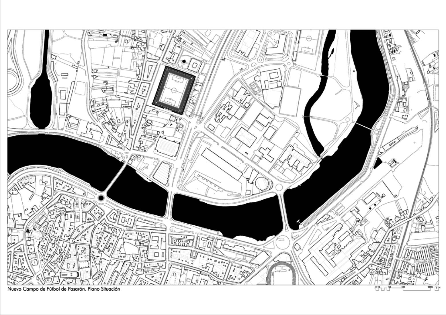 Site plan, New Estadium in Pasaron by esús Llamazares and Galo Zayas. Courtesy of ACXT Arquitectos.