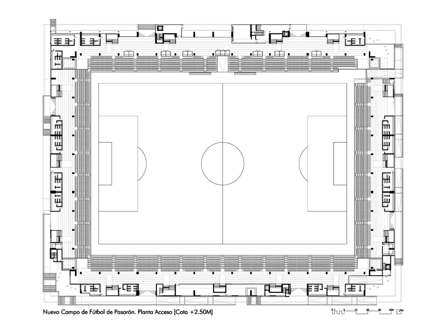 Ground floor,New Estadium in Pasaron by esús Llamazares and Galo Zayas. Courtesy of ACXT Arquitectos.