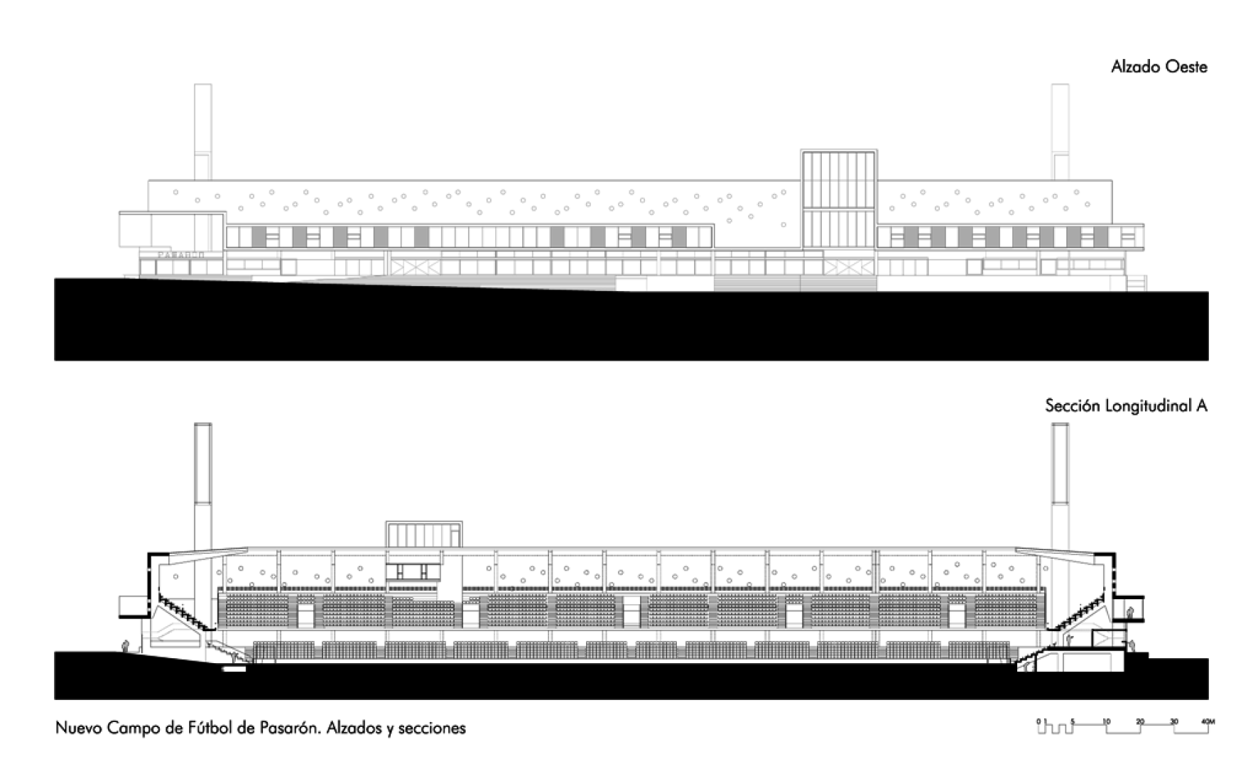 Elevation and section, New Estadium in Pasaron by esús Llamazares and Galo Zayas. Courtesy of ACXT Arquitectos.